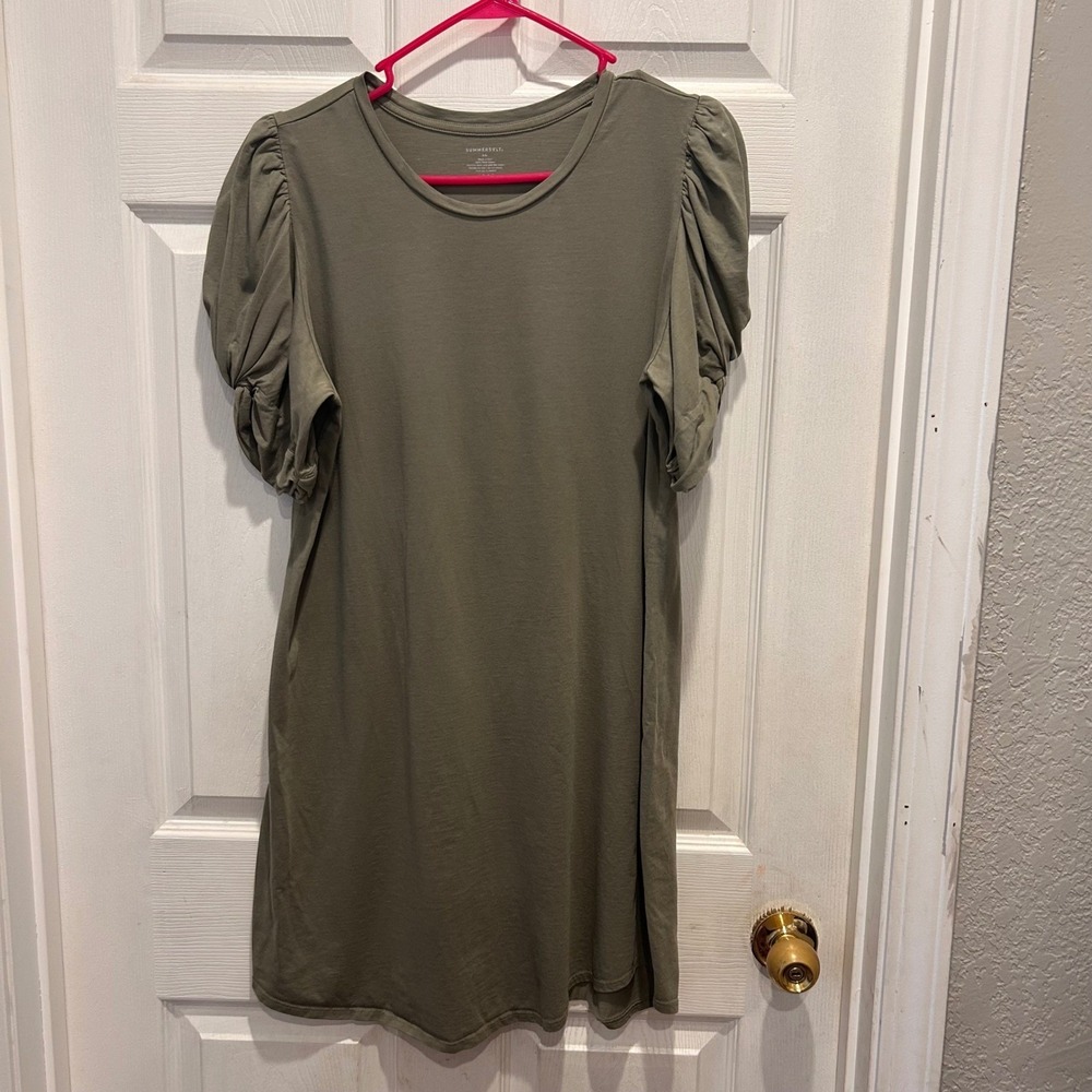 Summersalt Olive Green 100% Pima Cotton Puff Sleeve T-Shirt Dress LG Casual